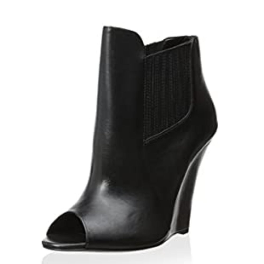NWOT Schutz Black Deka Calf Argentino Leather Peep Toe Wedge Boots Booties